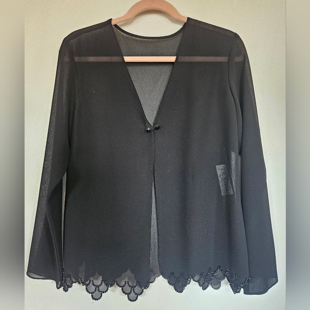 Elegant Black Sheer Cardigan V Neck Delicate Trim Long Sleeves